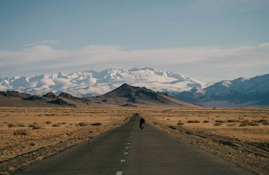 A motorist heading toward snowy mountains on a paved road surrounded by dry grass fields. 