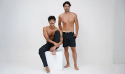 WAMA men’s hemp pajama pants and pajama shorts on two models, studio shot