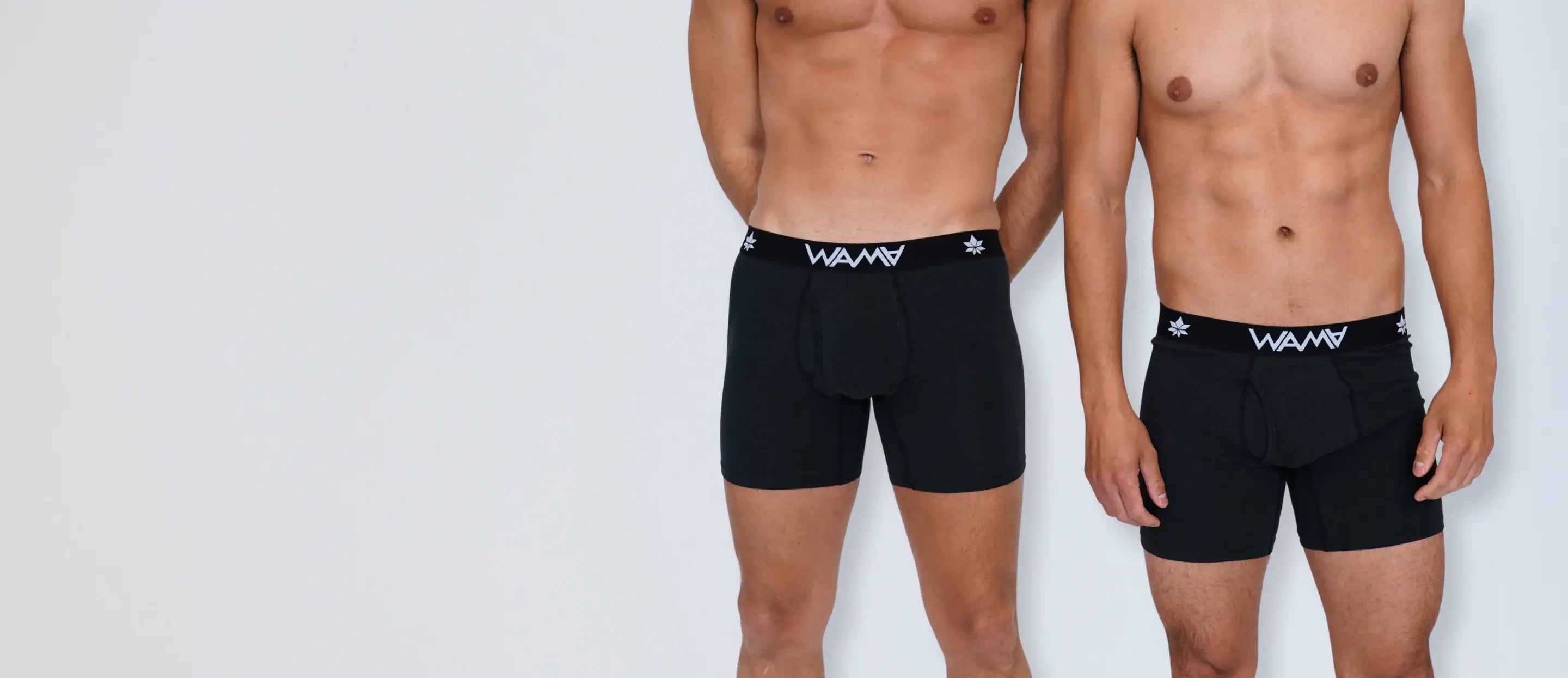 Two men wearing black hemp boxer briefs from WAMA Underwear