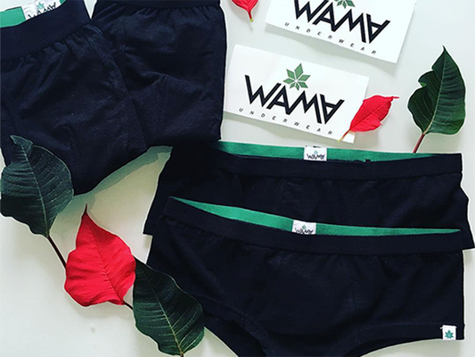 Four pairs of WAMA Underwear, a sustainable underwear company that uses hemp fabric.