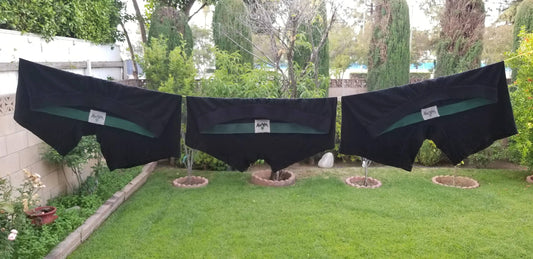 three pairs of hemp underwear hanging outside.