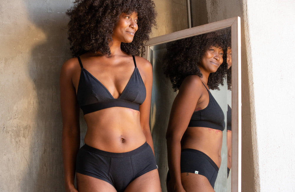 woman wearing a matching black triangle bralette and underwear next to a mirror