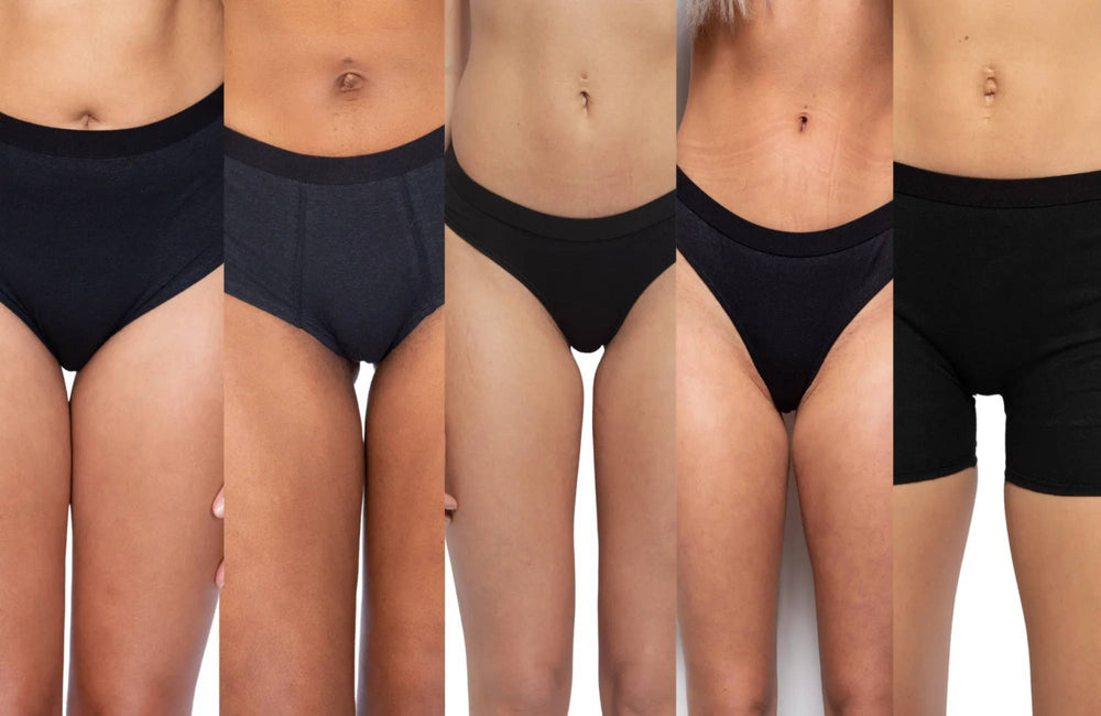 5 women's torsos and legs wearing different types of panties.