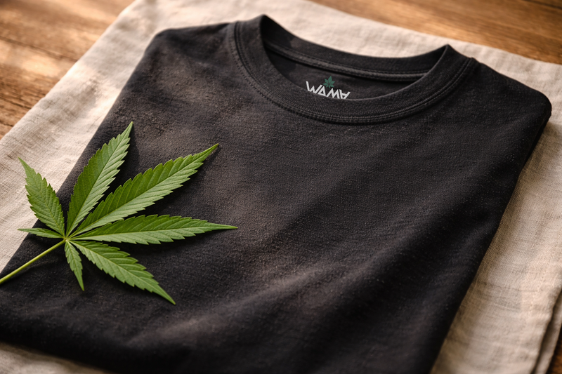 Folded black Hemp Crew Neck T-Shirt with hemp leaf