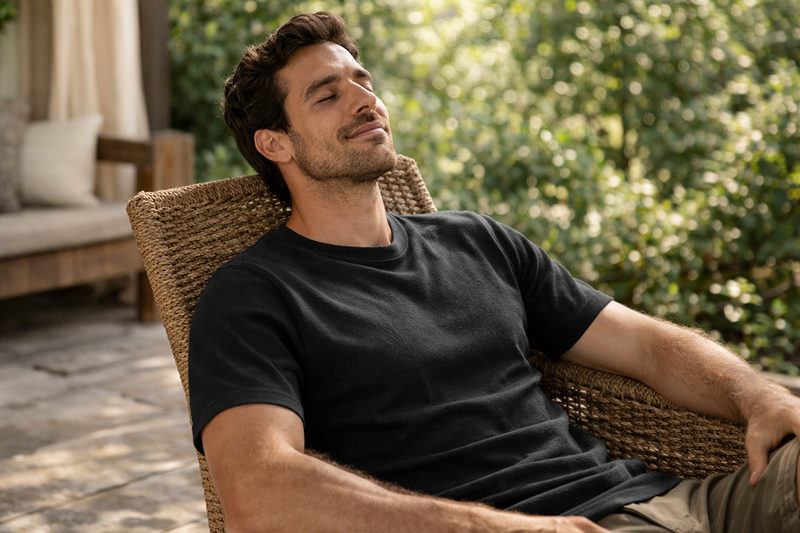 Man wearing a black Hemp Crew Neck T-Shirt while sitting outdoors