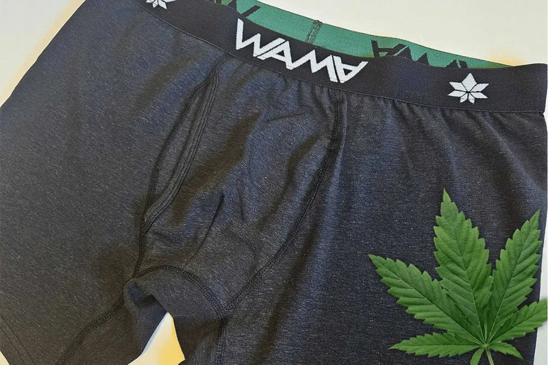 WAMA hemp boxer briefs laid flat with green waistband and hemp leaf design