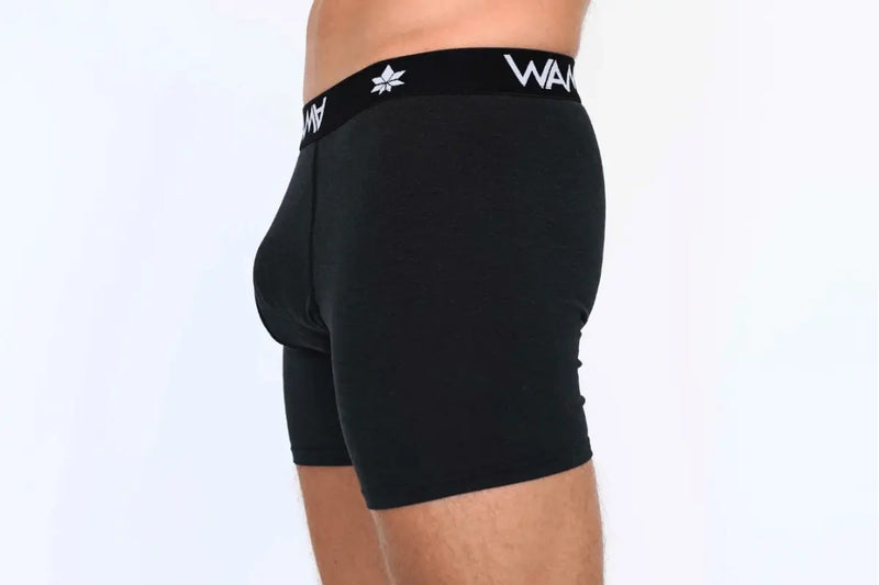 Side view of black WAMA hemp boxer briefs on a model