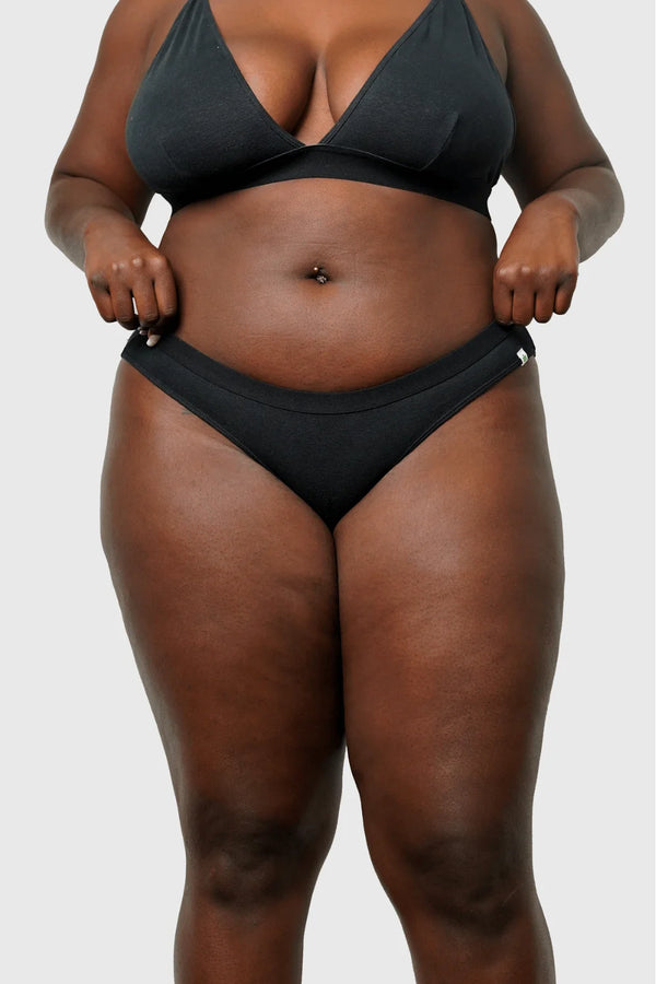 Front view of Hemp Bikini in Black on model wearing size 2XL, 5'8” dress size 14