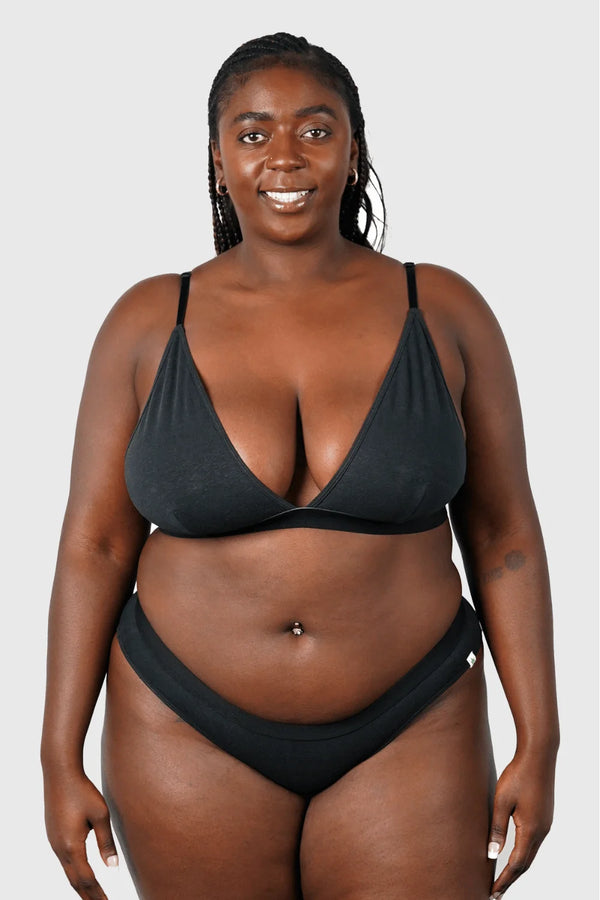 Full-body view of Hemp Bikini in Black on model wearing size 2XL, 5'8” dress size 14