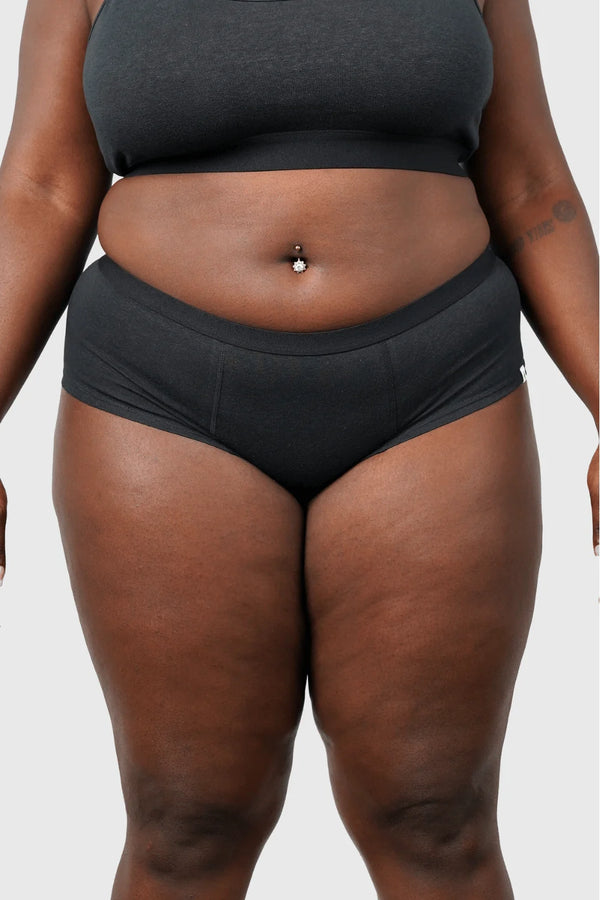 Front view of Hemp Hipster Panties in Black on model Jakarra wearing size 2XL, 5'8 dress size 14