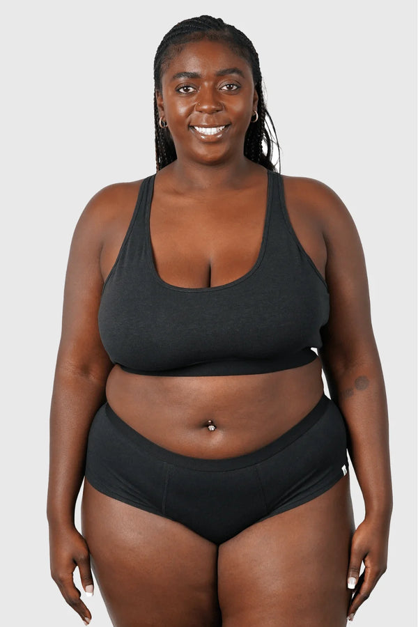 Full-body view of Hemp Hipster Panties in Black on model Jakarra wearing size 2XL, 5'8 dress size 14