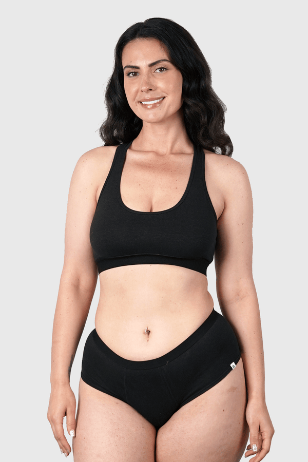 Full body view of Hemp Hipster Panties in Black on model wearing size M, 5 ft 10 in dress size 6