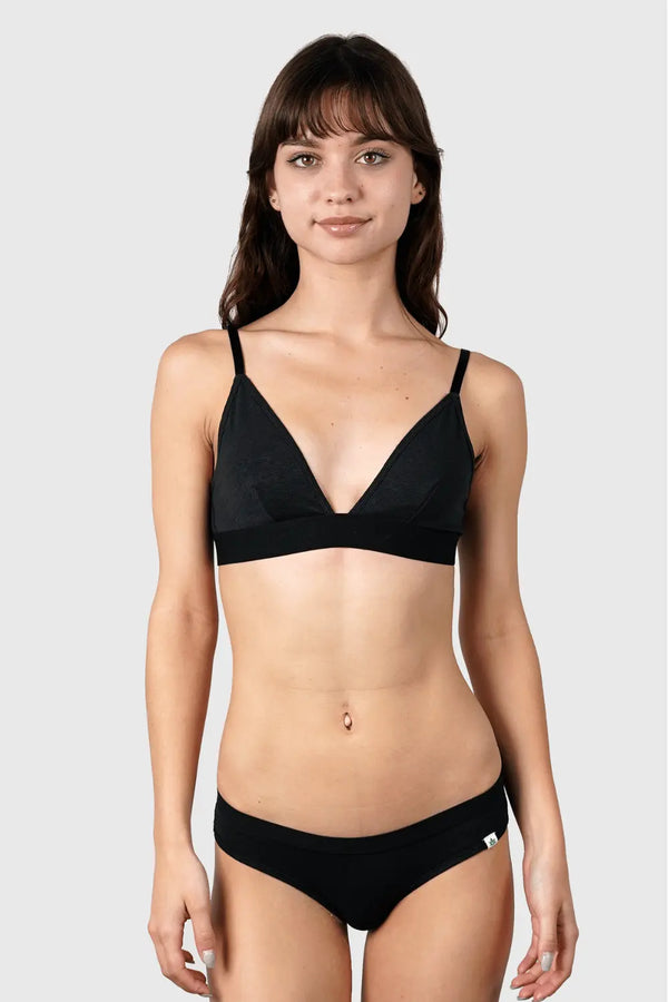 Full-body view of Hemp Bikini in Black on model wearing size S, 5'10” dress size 2