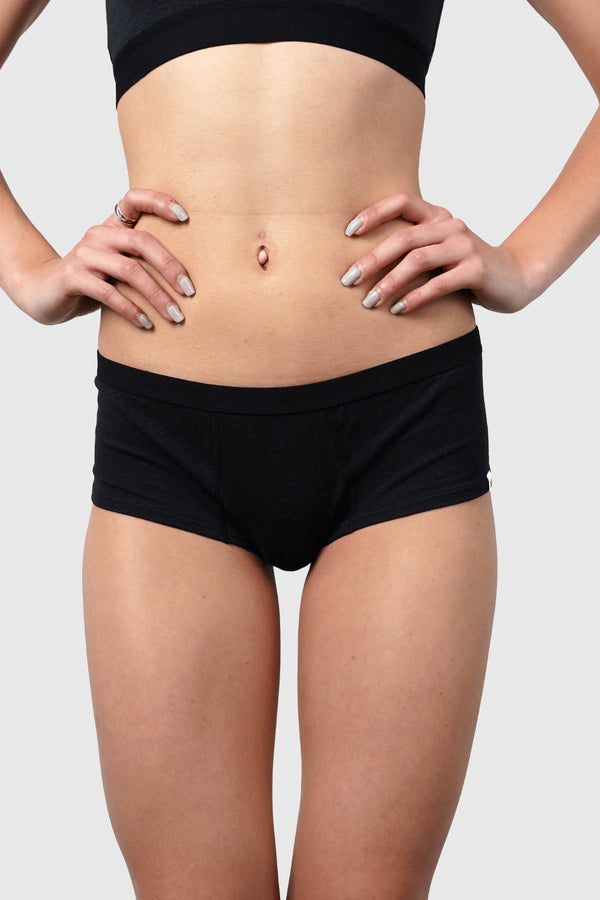 Front view of Hemp Hipster Panties in Black on model wearing size S (5'10", dress size 2)