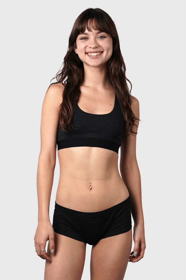 Full-body view of Hemp Hipster Panties in Black on model wearing size S (5'10", dress size 2)