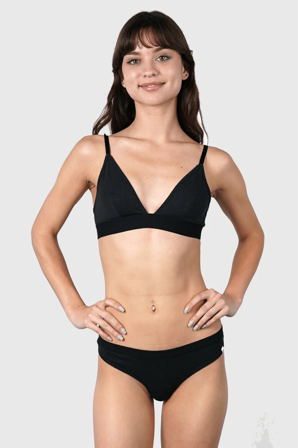 Full body view of Hemp Thong underwear in black on model wearing size S, 5'10" dress size 2