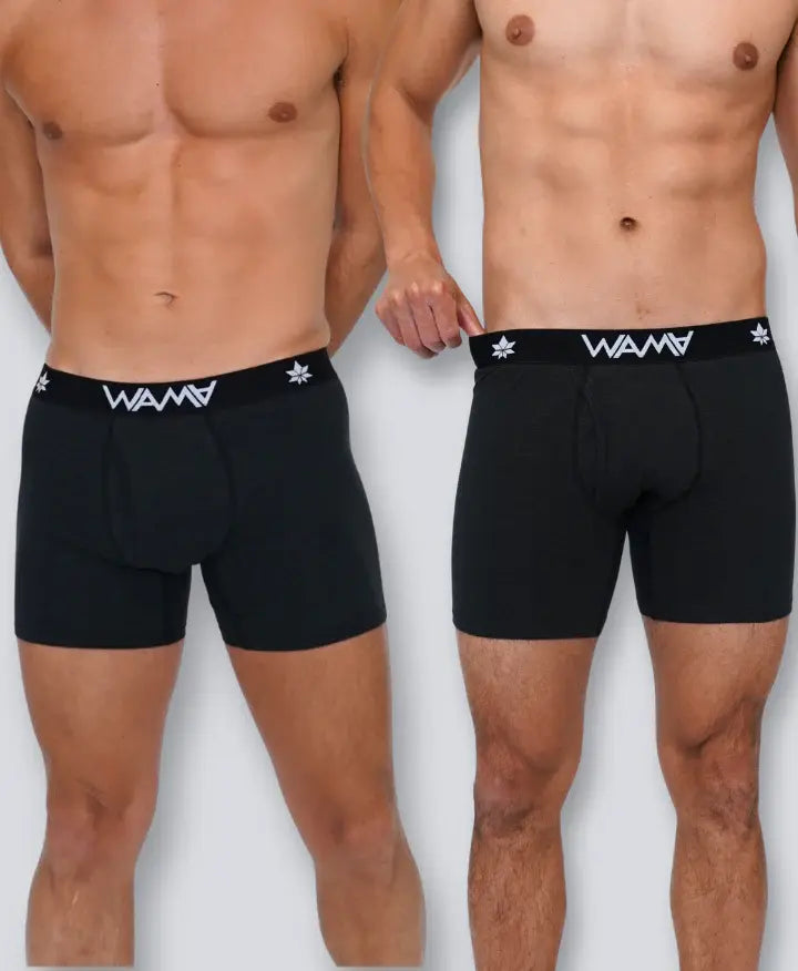Two men wearing black hemp boxer briefs from WAMA Underwear